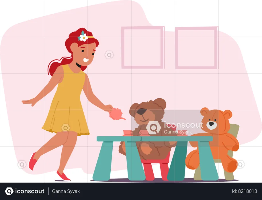 Une petite fille organise un délicieux goûter avec ses ours en peluche bien-aimés  Illustration