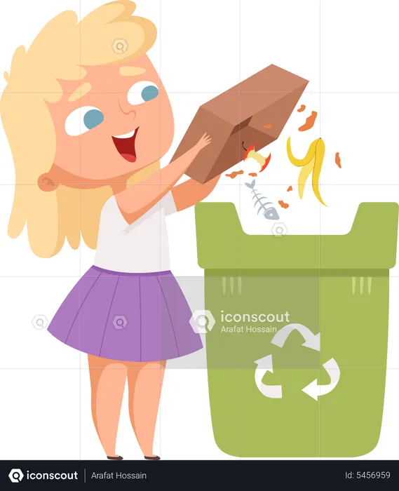 Petite fille jetant des déchets dans une poubelle  Illustration