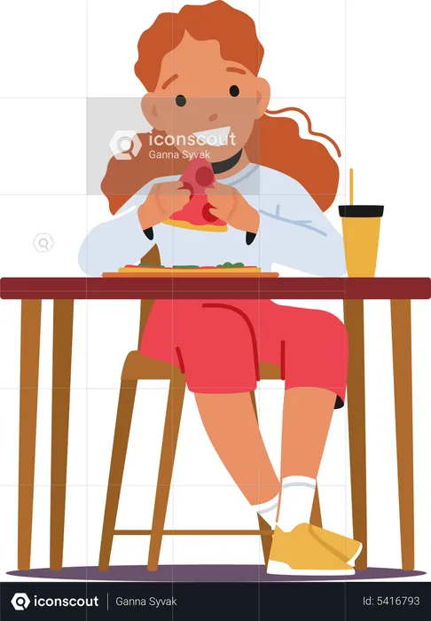 Petite fille mangeant de la pizza alors qu'elle était assise à table  Illustration