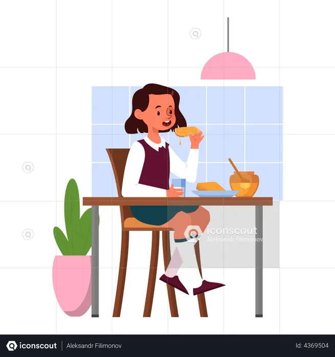 Petite fille prenant son petit déjeuner  Illustration