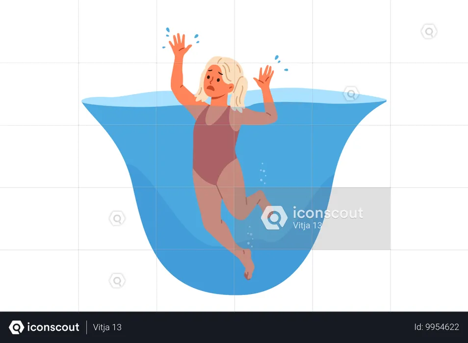 Une petite fille se noie dans l'eau et s'étouffe en nageant dans la piscine =  Illustration