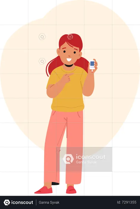 Petite fille vérifiant les niveaux de sucre dans le sang avec un glucomètre pour la gestion du diabète  Illustration