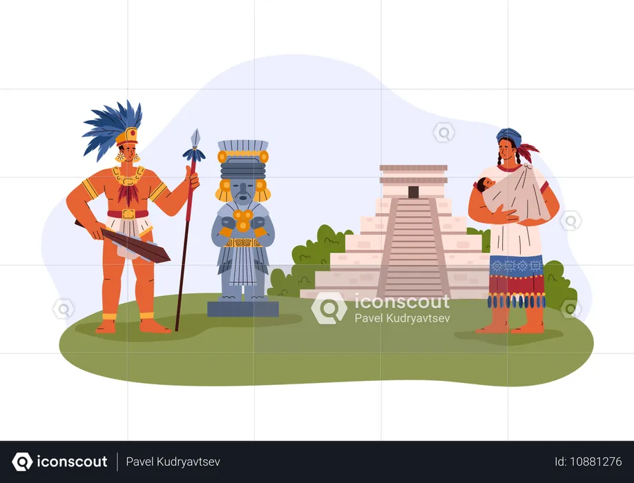 Des Mayas debout près d'une statue et d'une pyramide  Illustration