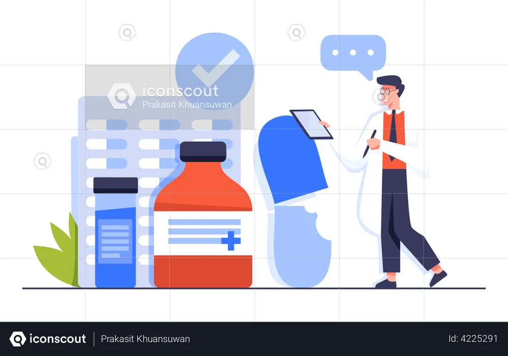 Pharmacist checking Medicaments in Pharmacy Store  Illustration