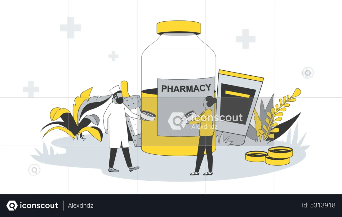 Pharmacist sells medicine to woman  Illustration