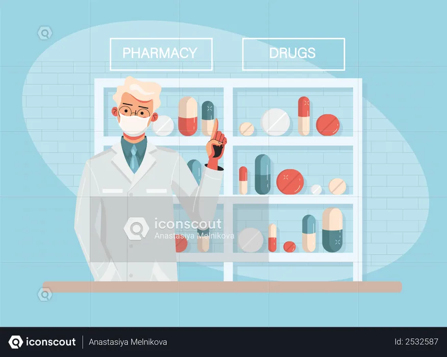 Pharmacist standing with drugs  Illustration