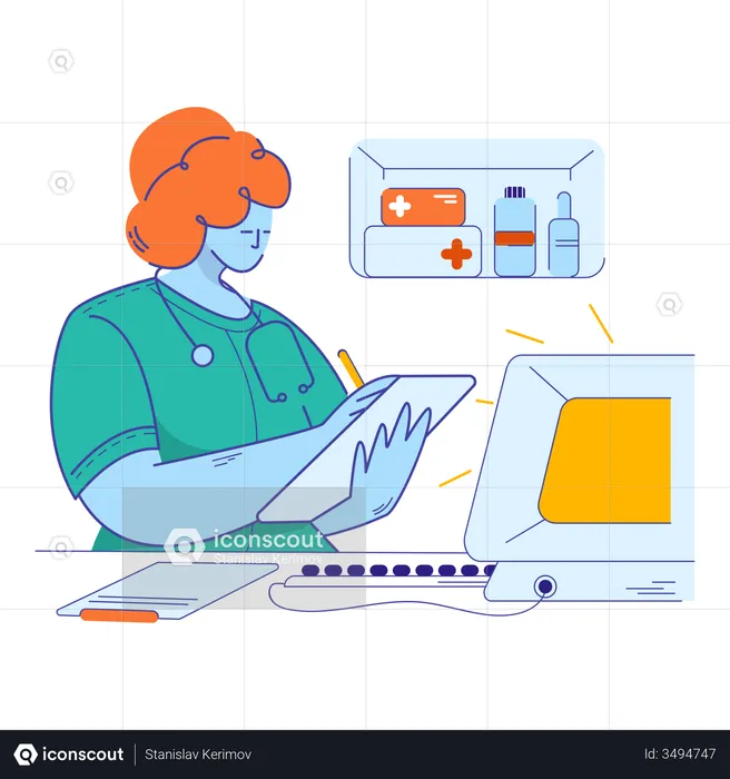 Pharmacists giving medicine according patient report  Illustration