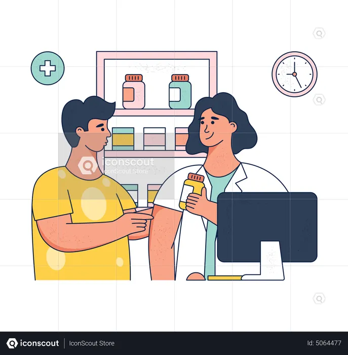 Pharmacy worker giving medicine to man  Illustration