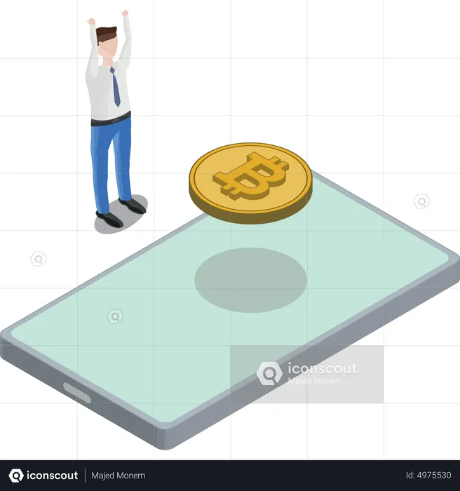 Phone Bitcoin Floating Back Man Hands In Air  Illustration