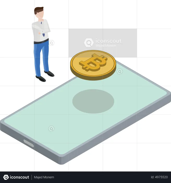 Phone Bitcoin Floating Back Man Thinking  Illustration