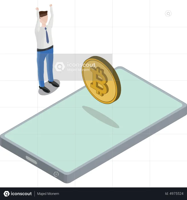 Phone Bitcoin Floating Man Hands In Air  Illustration
