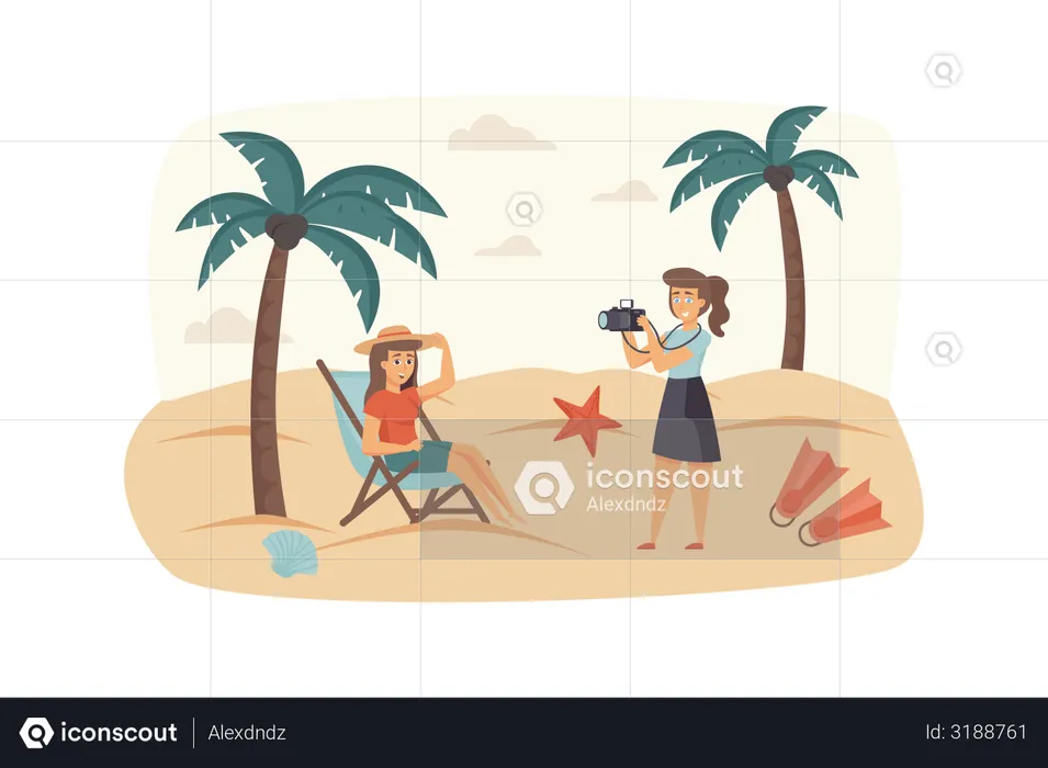 Photographer makes photo shooting with woman at tropical beach  Illustration