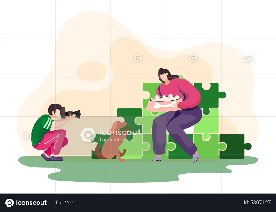 Photographer takes photo of the young woman and her dog in the park  Illustration