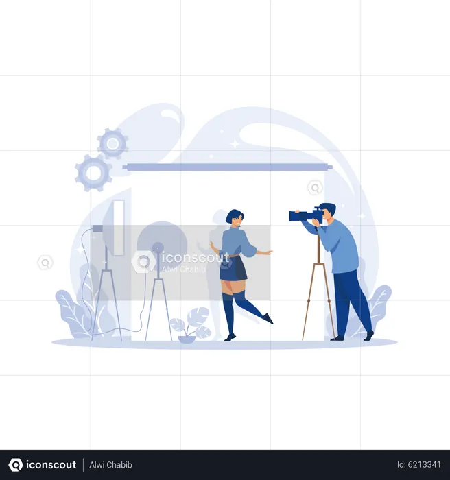 Photographer takes pictures of a model in the studio. Vector illustration.  Illustration