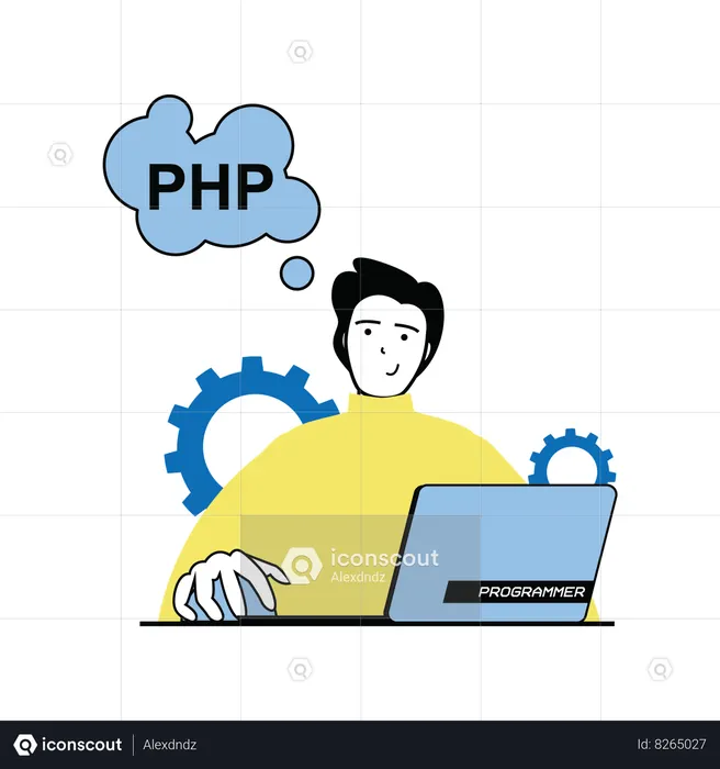Php developer working on laptop  Illustration