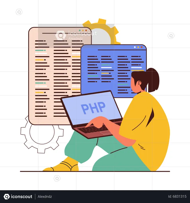 Php female developer working on laptop  Illustration