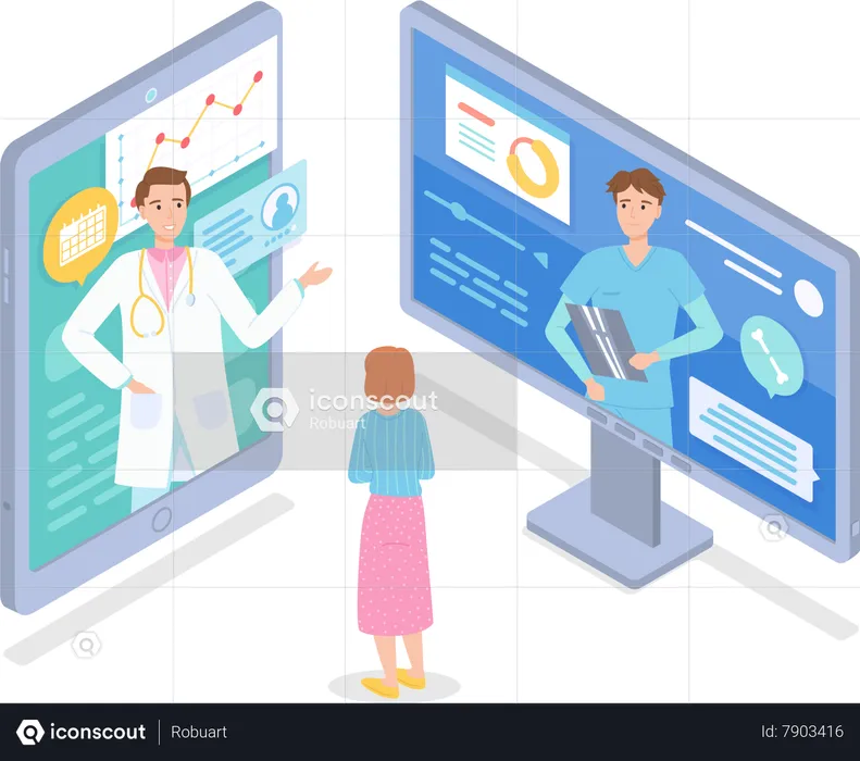 Physicians with patient at medical website  Illustration