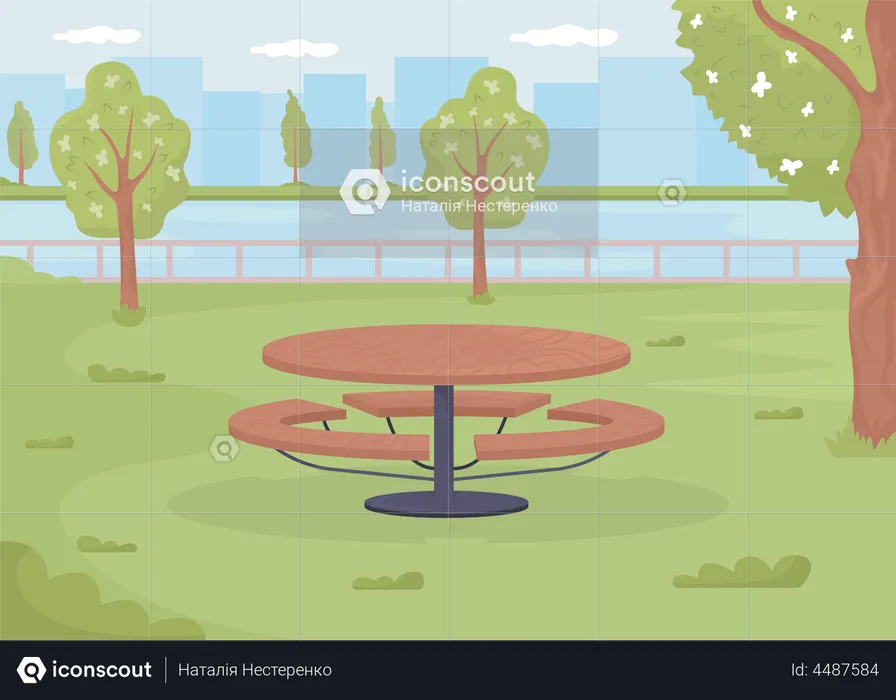Picnic table surrounded by residential green space  Illustration