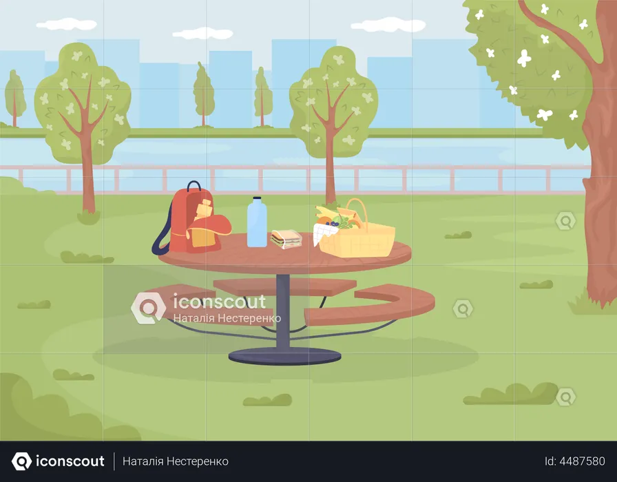 Picnic table with basket and backpack  Illustration