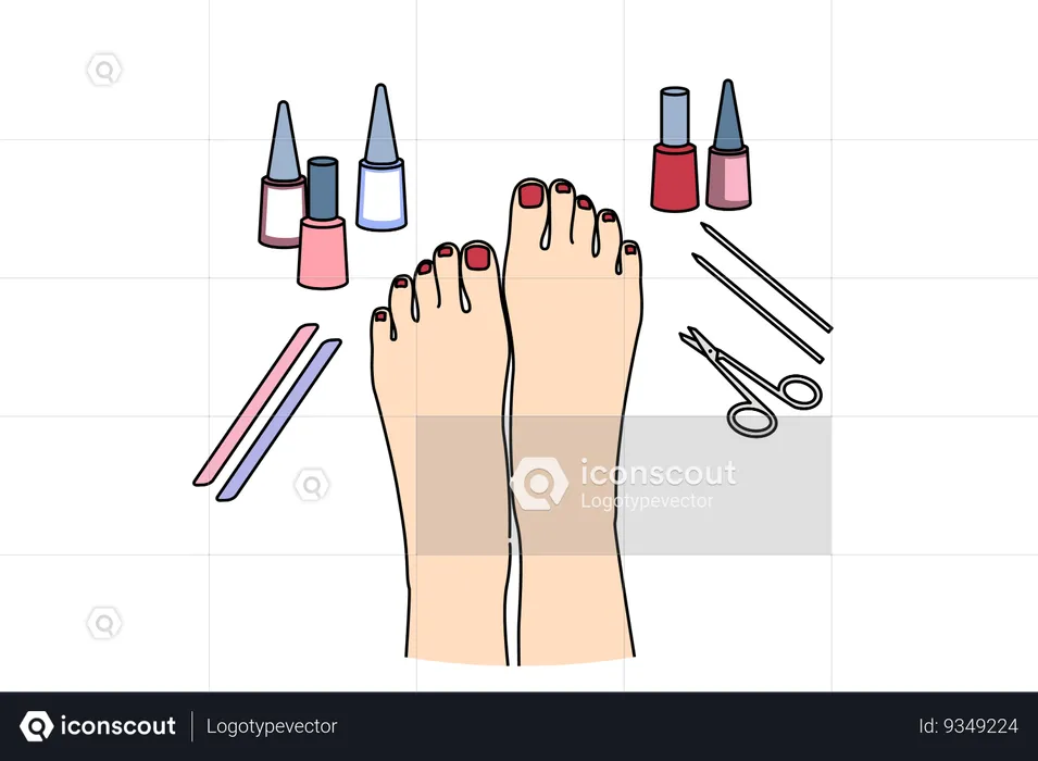 Pies de mujer después del procedimiento de pedicura, con esmalte de uñas y tijeras cerca de uñas pintadas bien cuidadas  Ilustración