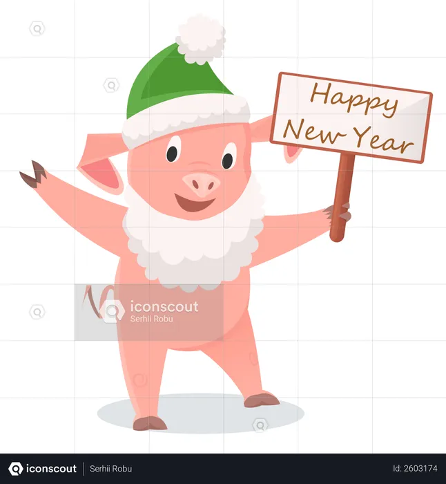 Pig in green hat and in Santa Claus beard and holding board of Happy New Year  Illustration