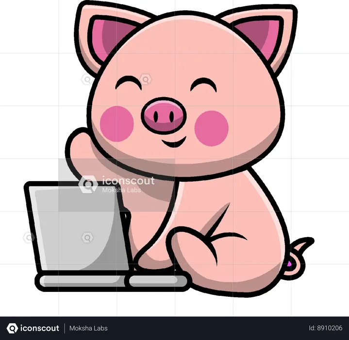 Pig Playing Laptop  Illustration