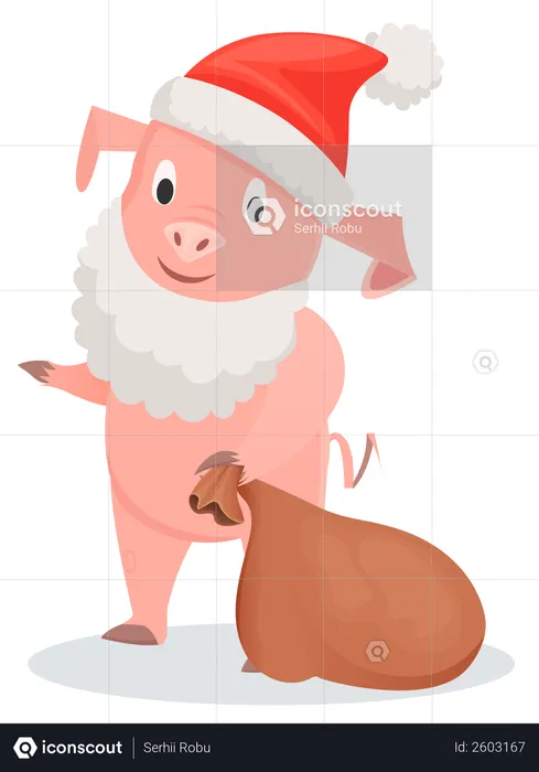 Pig with white beard and red hat with brown bag  Illustration