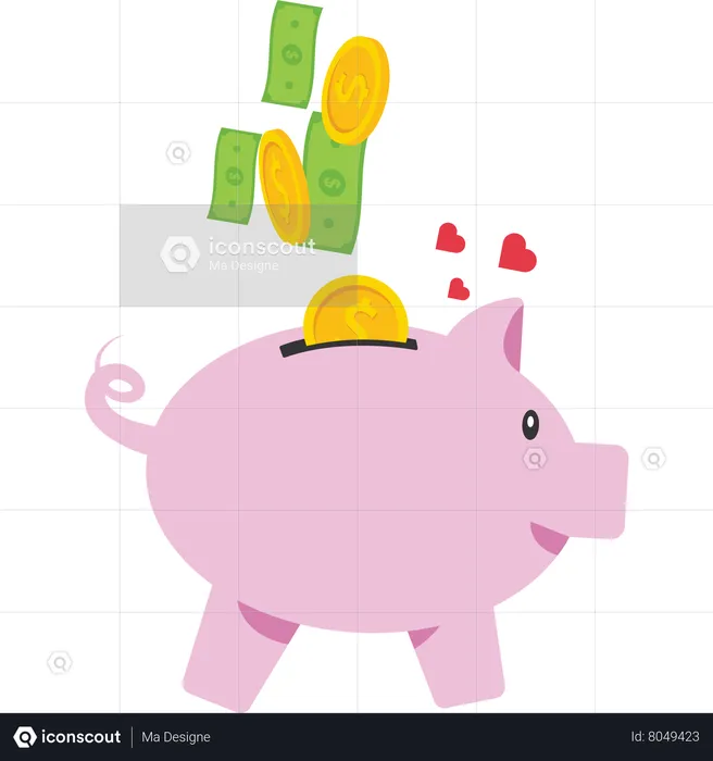 Piggy bank is happy from the large savings  Illustration