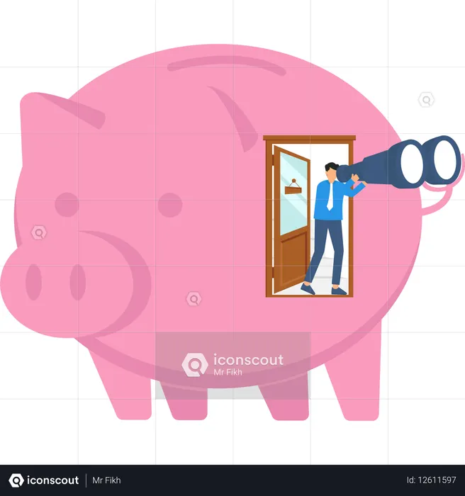 Piggy Bank with Businessman Looking Through Binoculars  Illustration