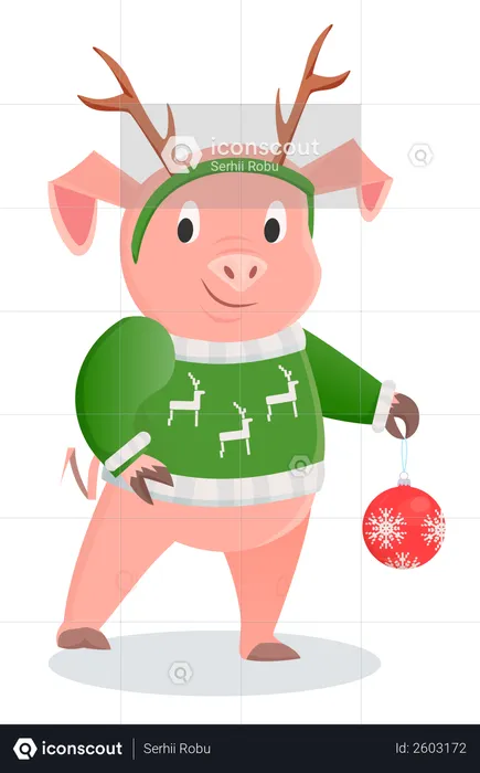 Piglet in a warm sweater with deer horns and Christmas ball  Illustration