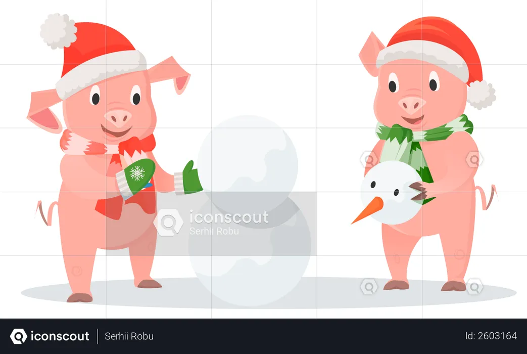 Piglets making a snowman together  Illustration