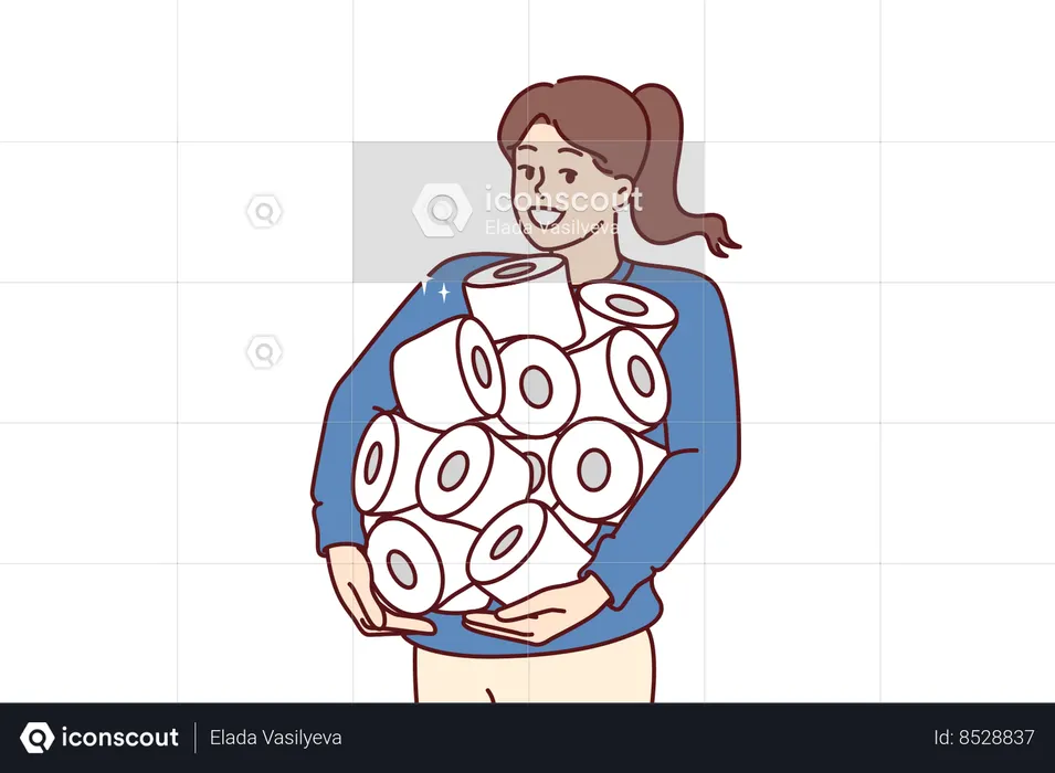 Pilha de papel higiênico nas mãos de uma mulher feliz abastecida em caso de quarentena  Ilustração