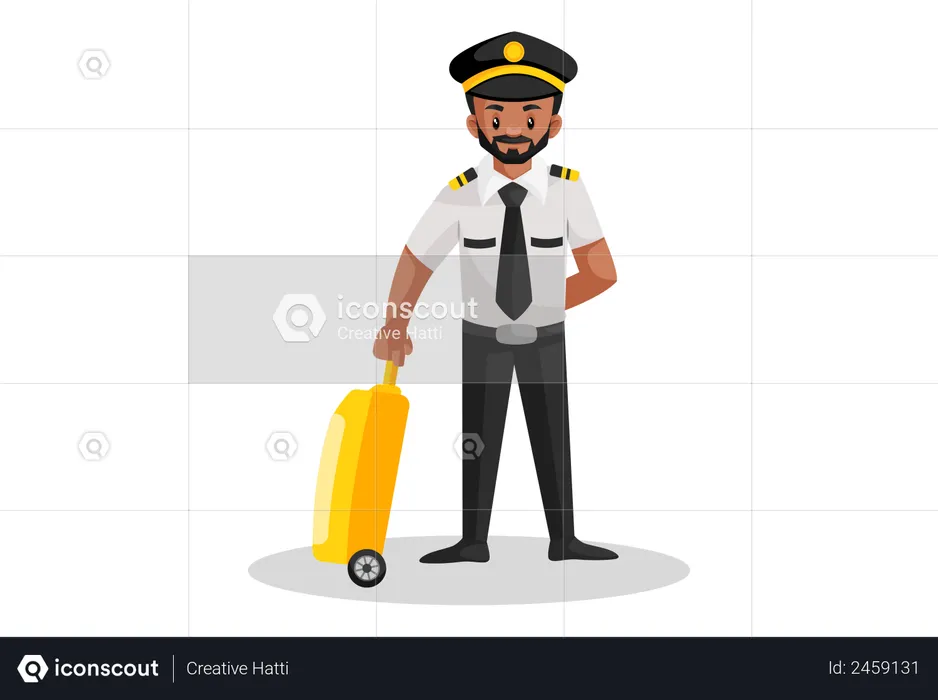 Pilot standing and holding trolley bag  Illustration