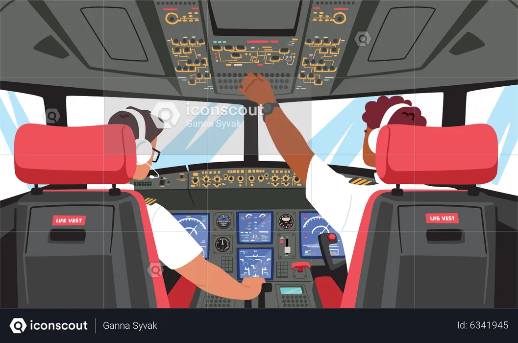 Cartoon Male Pilot Cockpit Plane with Control Board Vector Graphic