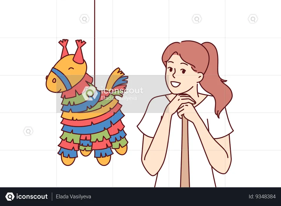 Pinata with candy near girl with bat preparing to smash horse-shaped toy for birthday parties  Illustration