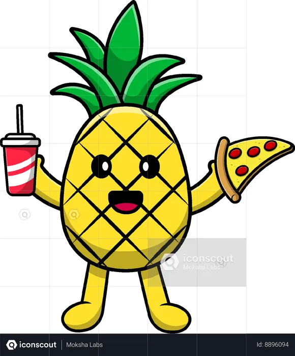 Pineapple Holding Pizza And Soda  Illustration
