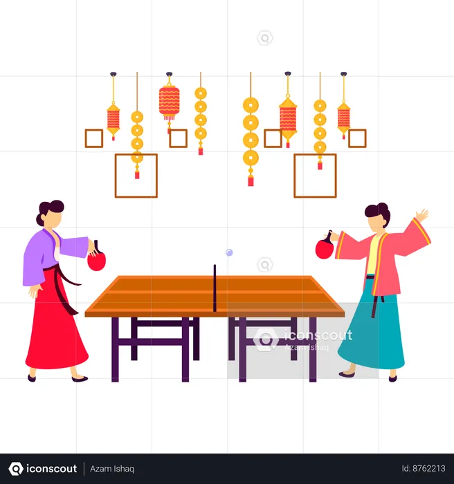 Chiense girls playing  ping pong game  Illustration