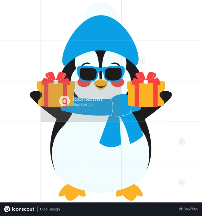 Pingouin avec des lunettes tenant une boîte cadeau  Illustration