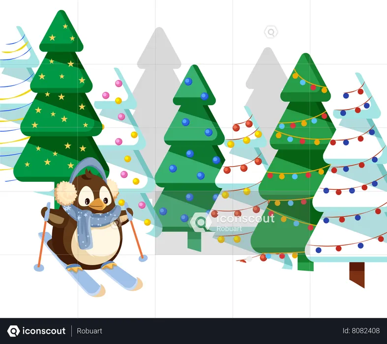Pingouin skiant dans une forêt de pins en descente  Illustration
