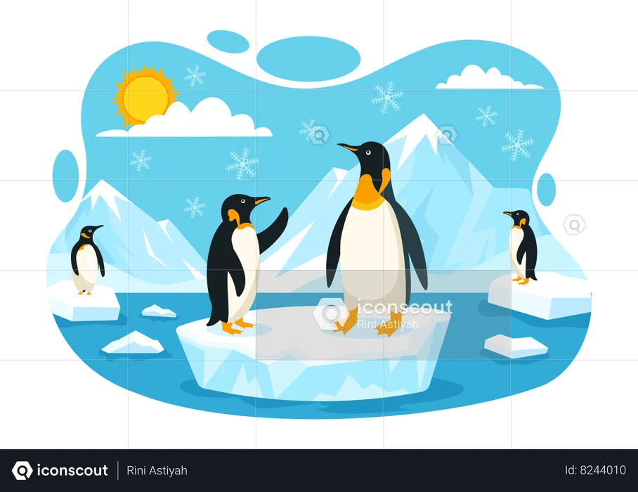 Pinguim em pé em um iceberg diferente conversando entre si  Illustration