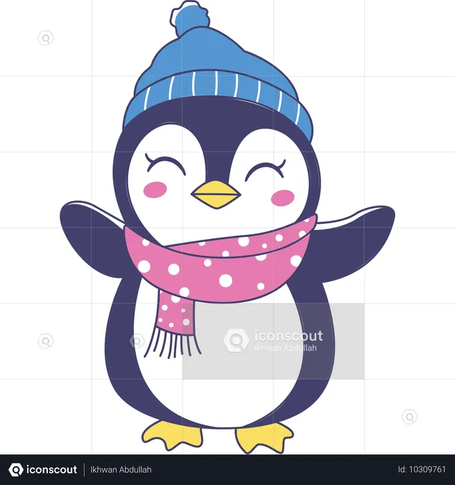 Pinguim fofo usando chapéu xale no inverno  Ilustração