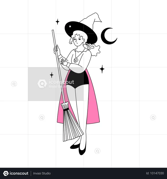 Pink and Black Witch girl in holding broom under crescent moon  Illustration