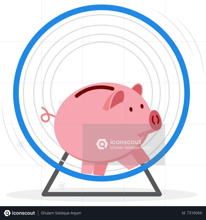 Pink piggy bank running around in  hamster wheel  Illustration