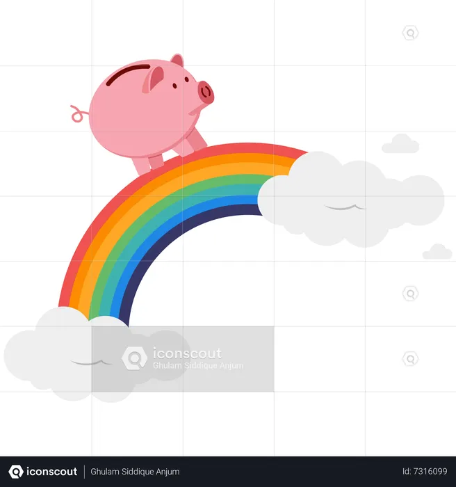Pink piggy bank walking on colorful rainbow in sky  Illustration