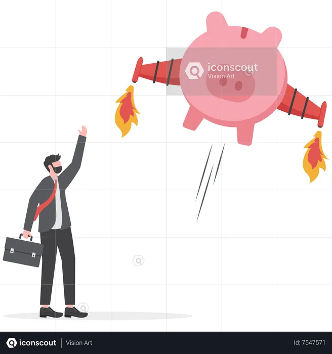 Pink piggy bank with rocket booster wing flying fast high up in the sky  Illustration