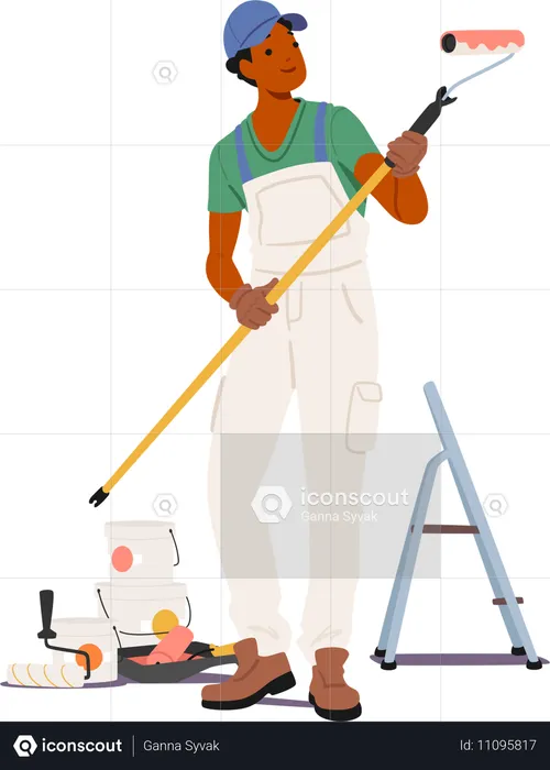 Personagem pintor vestindo macacão segurando rolo de tinta e parado ao lado de latas de tinta  Ilustração