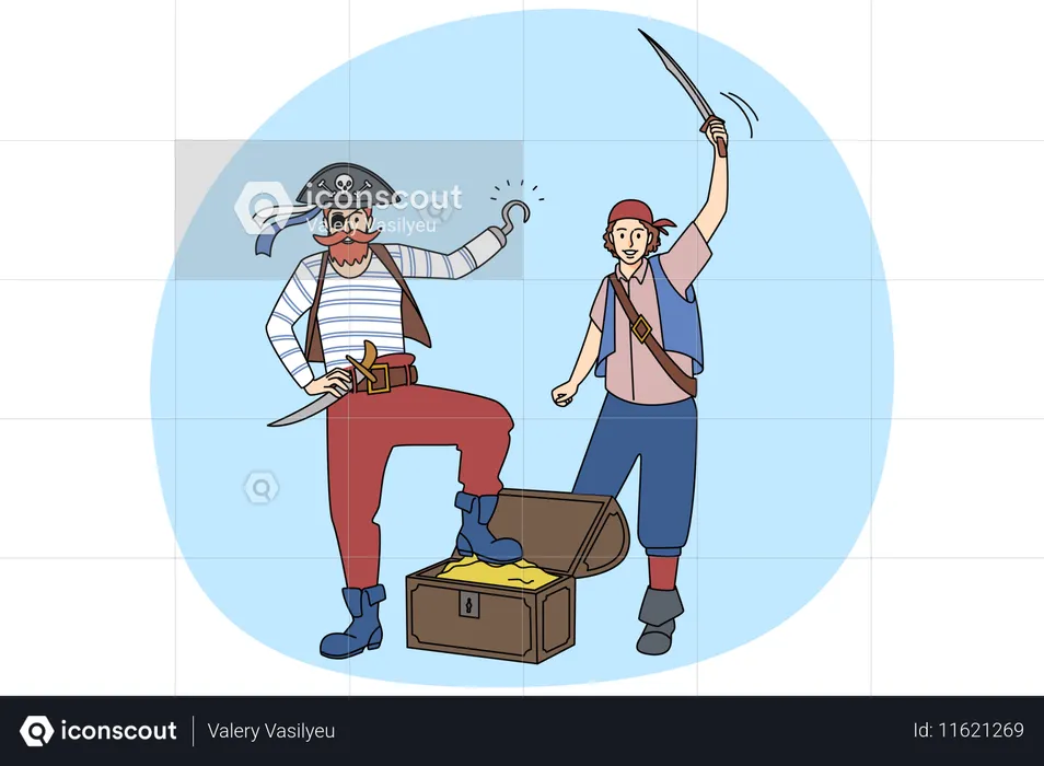 Piratas masculinos con joyas y tesoros  Ilustración