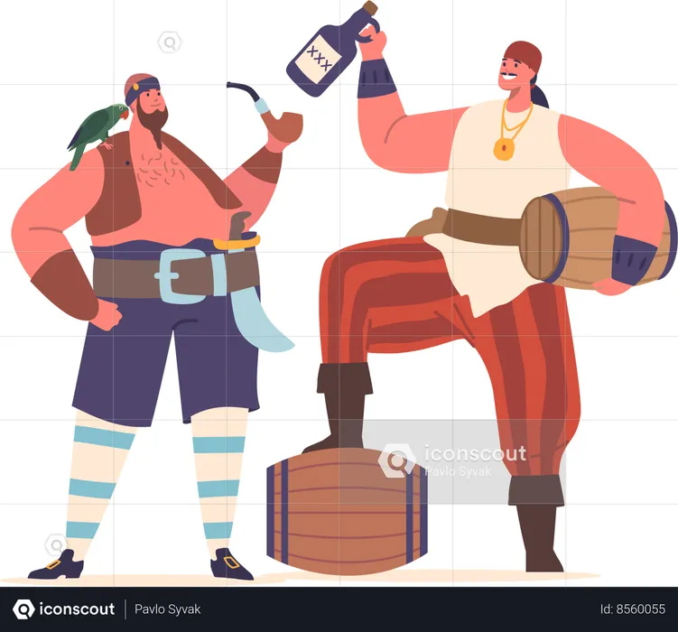 Personaje masculino de piratas agarrando un barril de ron  Ilustración