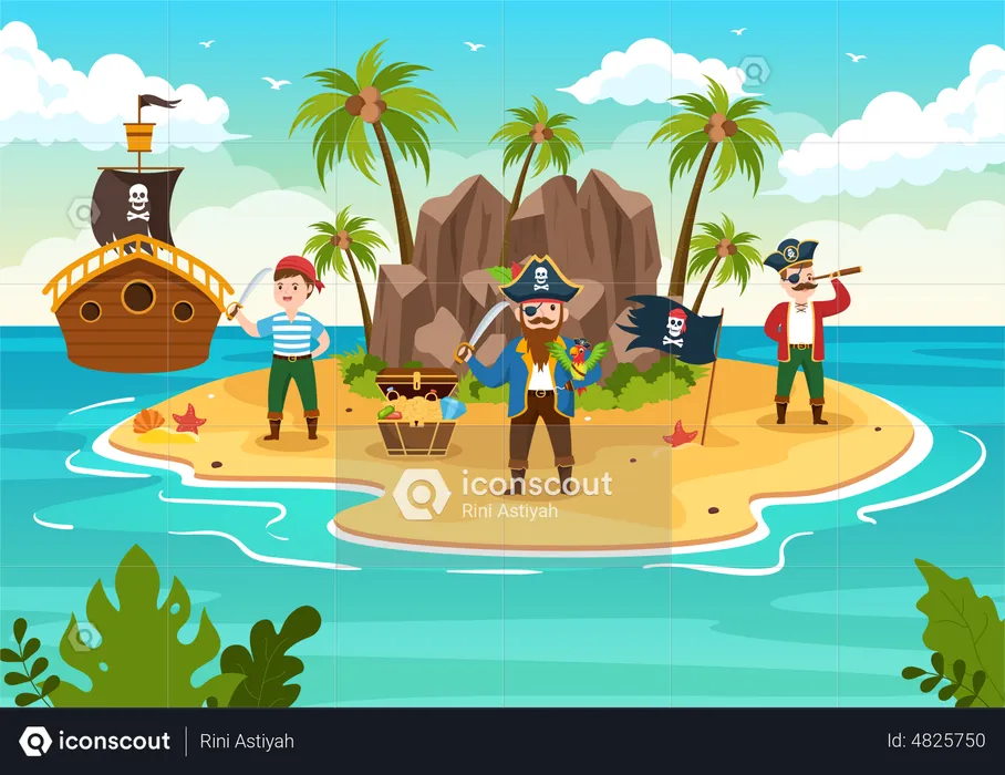 Pirate and salad boy on island  Illustration