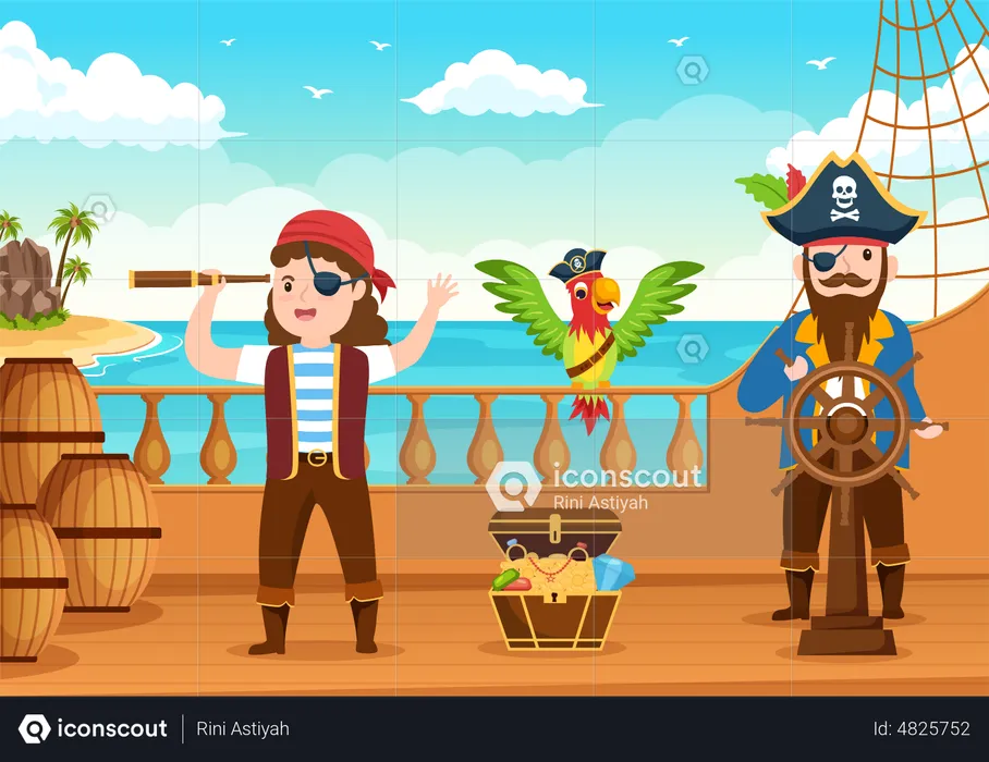 Pirate and salad boy use binocular  Illustration